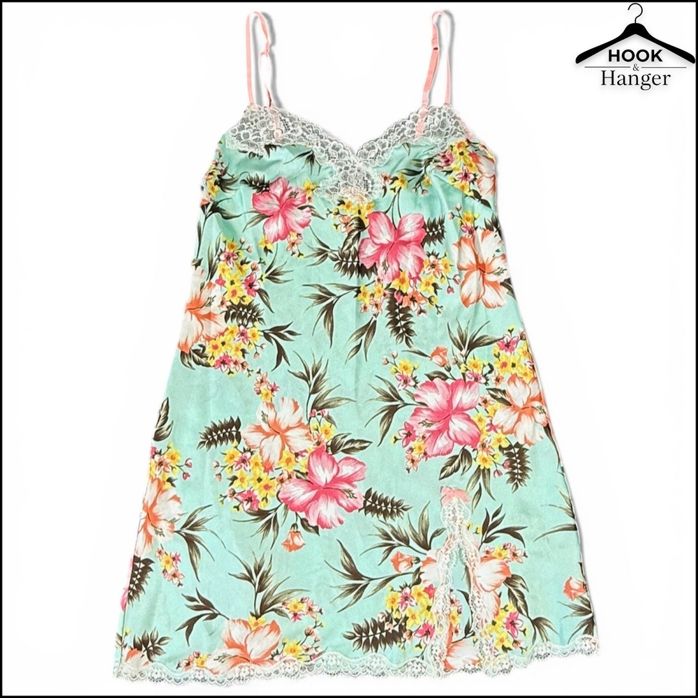 Victoria's Secret Y2K Satin Tropical Chemise Nightie S Blue Pink‎ Hibiscus Lace